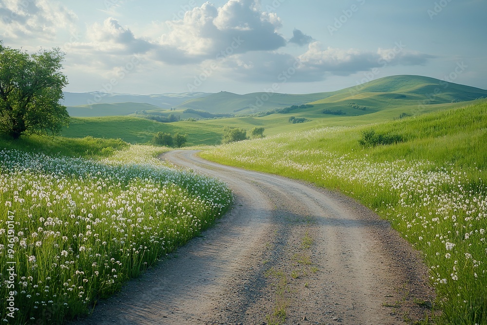 Naklejka premium A peaceful country road winding through rolling hills, lined with wildflowers and tall grasses
