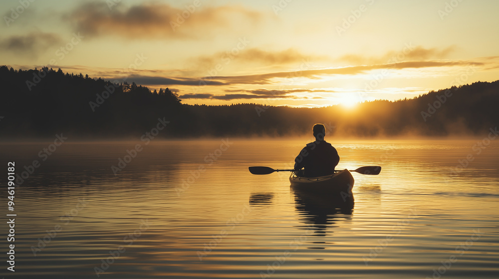Silhouette of a man in kayak at sunset Silhouette of a man in kayak at sunset