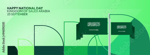 Saudi Arabia National Independence Day wide banner. Modern geometric abstract background in colorful style for Saudi Arabian holiday. Saudi Arabia National Day greeting card design with country flag.
