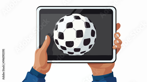 Professional Male Hand Holding Tablet PC with Soccer Ball on Screen Flat