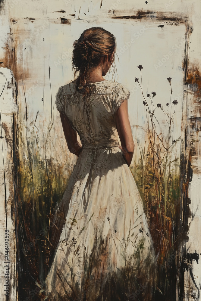 Obraz premium Vintage art of slavic girl in white dress on a field 