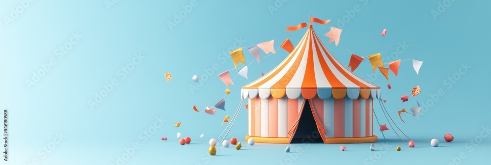 A 3D single icon of a colorful circus tent with flags and streamers, depicted with simple, bold shapes and colors A 3D single icon of a colorful circus tent with flags and streamers, depicted with simple, bold shapes and colors