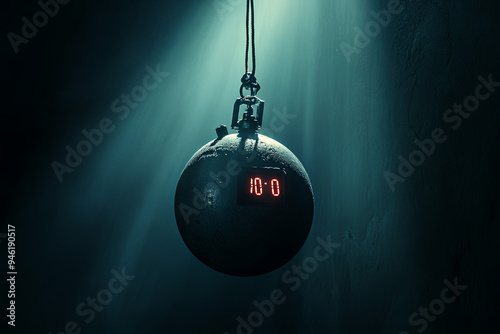 Image of a time bomb against dark background. Timer counting down to detonation illuminated in a shaft light shining through the darkness, conceptual image
