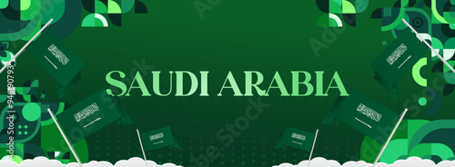 Saudi Arabia National Independence Day wide banner. Modern geometric abstract background in colorful style for Saudi Arabian holiday. Saudi Arabia National Day greeting card design with country flag.