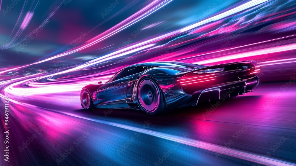 Modern electric sportscar driving fast with motion blur on highway at night Modern electric sportscar driving fast with motion blur on highway at night