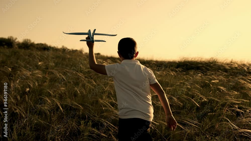 A joyful boy runs through a golden wheat field at sunset, holding a toy airplane in his hand. Perfect for capturing the essence of childhood, freedom, and summer adventures in the countryside. A joyful boy runs through a golden wheat field at sunset, holding a toy airplane in his hand. Perfect for capturing the essence of childhood, freedom, and summer adventures in the countryside.