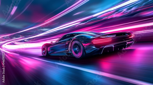 Modern electric sportscar driving fast with motion blur on highway at night