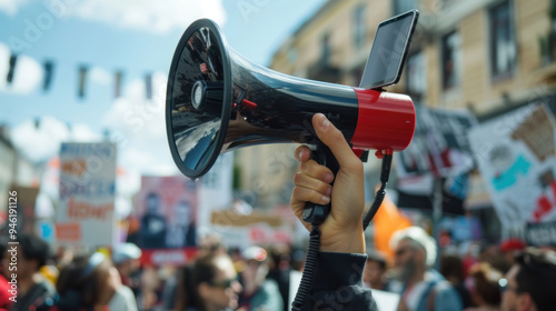 A close-up of a hand holding a megaphone, with a smartphone attached, live-streaming a rally as part of a broader social media activism effort, with banners in the background photo