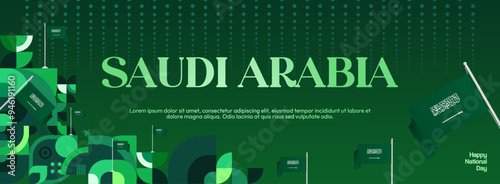 Saudi Arabia National Independence Day wide banner. Modern geometric abstract background in colorful style for Saudi Arabian holiday. Saudi Arabia National Day greeting card design with country flag.
