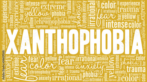 Xanthophobia: Fear of the Color Yellow word cloud conceptual design isolated on white background.