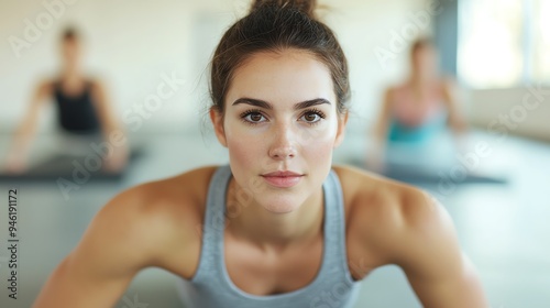 Woman in plank position, intense indoor workout, determination, fitness goal in progress