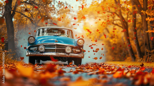 A classic vintage car driving through a leafy autumn road, with colorful leaves falling around, the car chrome details reflecting the vibrant scenery