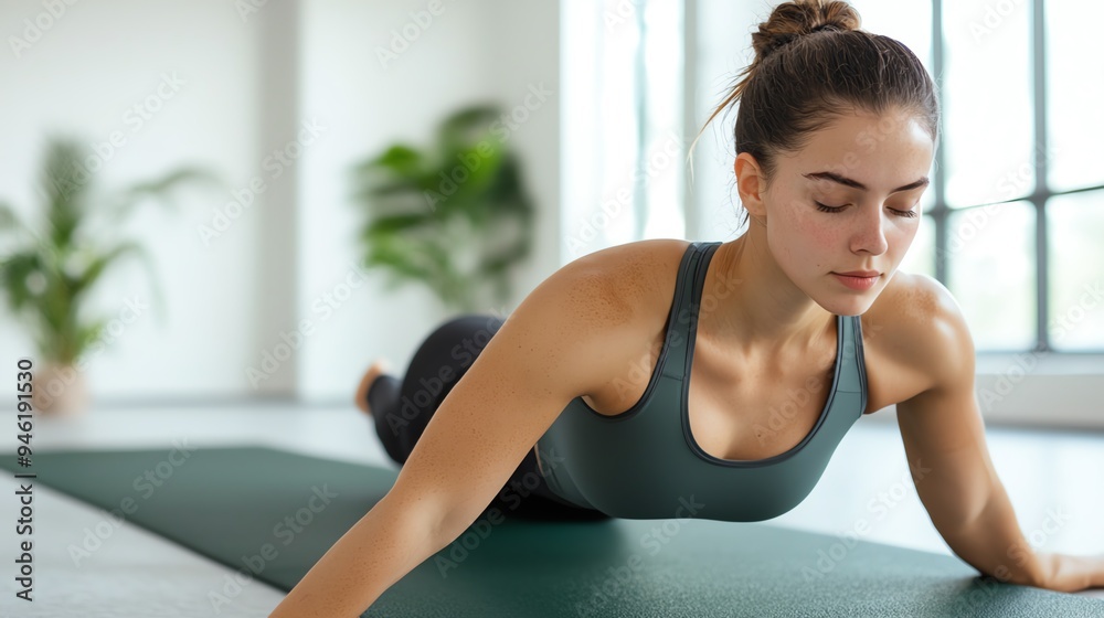 Athletic woman doing a side plank, intense focus, fitness challenge, indoor studio Athletic woman doing a side plank, intense focus, fitness challenge, indoor studio