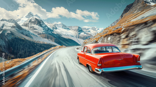 A bright vintage car speeding down a mountain road, with snow-capped peaks in the background and the winding road disappearing into the distance