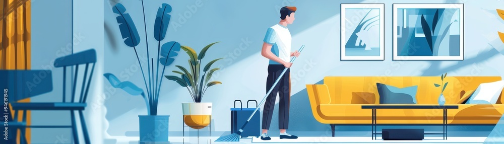 Man cleaning living room with vacuum cleaner, modern interior with yellow sofa, plants, and pictures on wall, bright and tidy space. Man cleaning living room with vacuum cleaner, modern interior with yellow sofa, plants, and pictures on wall, bright and tidy space.
