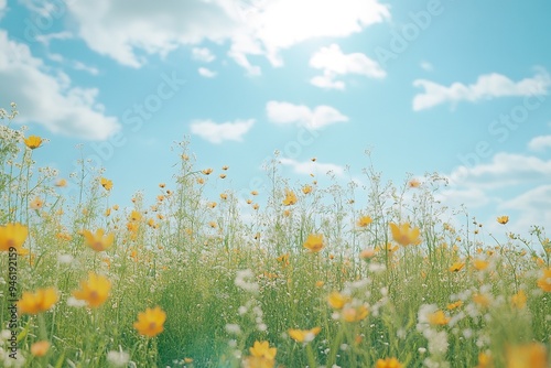 A peaceful meadow filled with tall grasses, wildflowers, and a gentle breeze under a clear blue sky