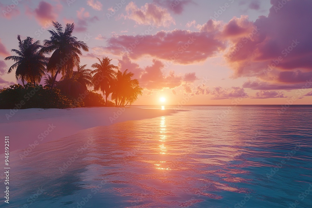 A peaceful tropical island with white sandy beaches, clear blue waters, and a vibrant sunset A peaceful tropical island with white sandy beaches, clear blue waters, and a vibrant sunset