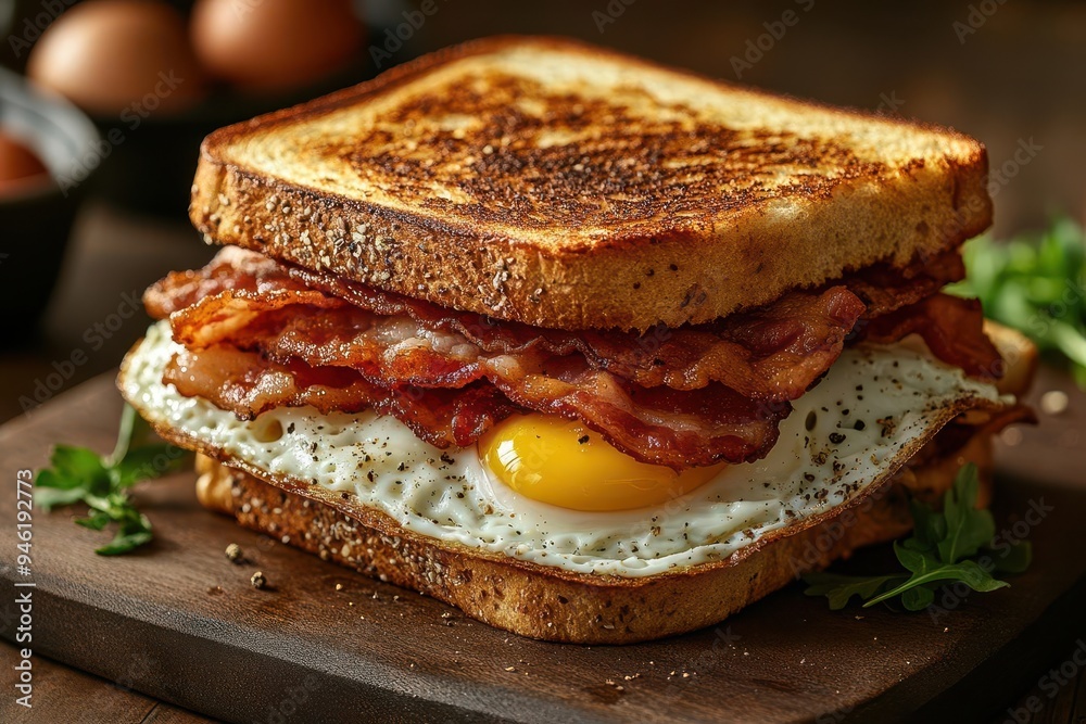 artfully arranged breakfast scene featuring a golden toasted sandwich with crispy bacon and a perfectly cooked egg soft morning light enhances the appetizing textures artfully arranged breakfast scene featuring a golden toasted sandwich with crispy bacon and a perfectly cooked egg soft morning light enhances the appetizing textures