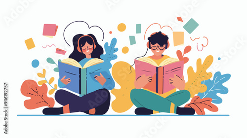 Professional Flat Vector Illustration of Reading and Listening Activities in Isolated White Background