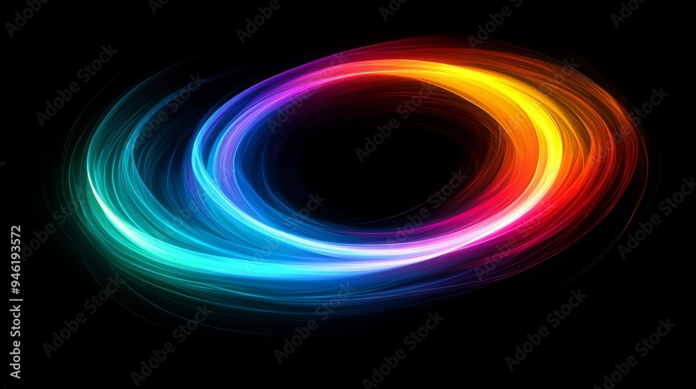 Colorful light trails creating a dynamic swirl on black background Colorful light trails creating a dynamic swirl on black background