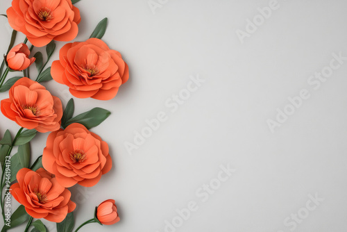 Elegant orange paper flowers artfully arranged against a soft gray backdrop, showcasing vibrant petals and lush greenery, perfect for decorative and celebratory themes.