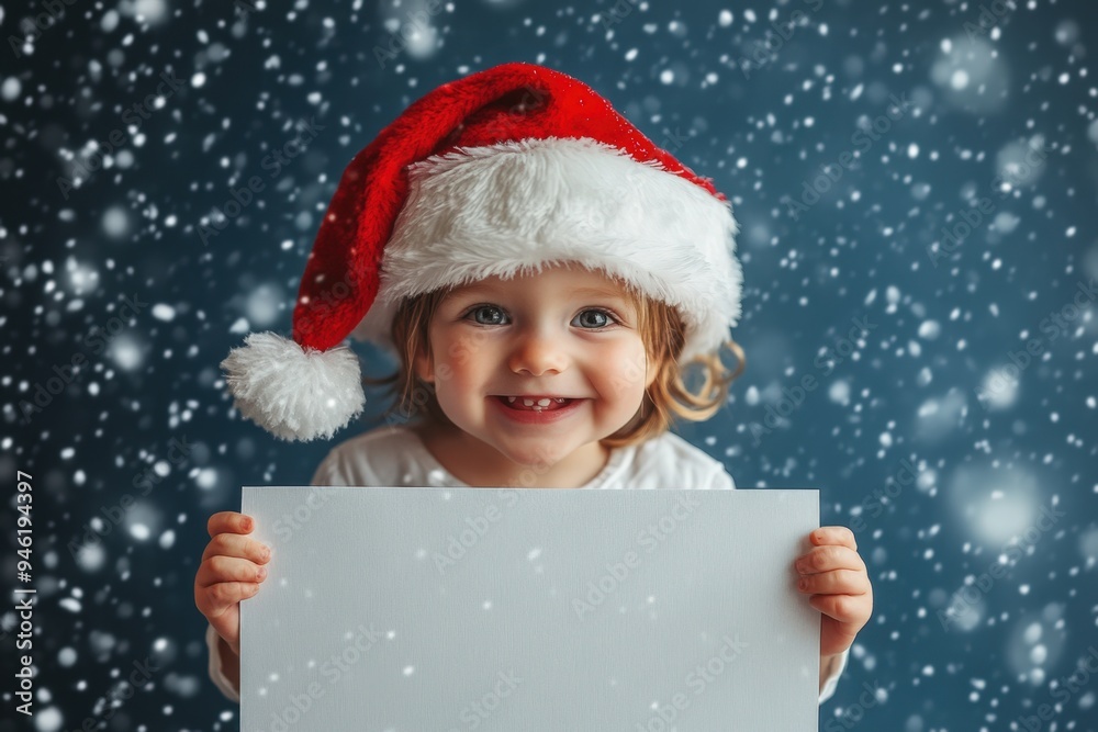 A child in a Santa Claus hat holds up a white card. A child in a Santa Claus hat holds up a white card.