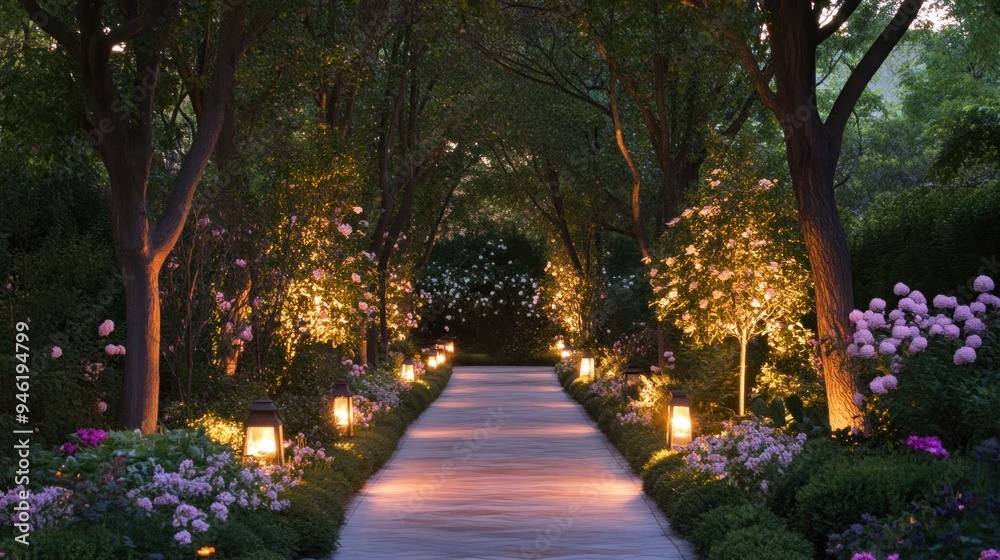 Illuminated Pathway Through a Romantic Garden Illuminated Pathway Through a Romantic Garden