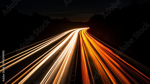 Długie naświetlanie uchwyciło autostradę w nocy, gdzie paski świateł pojazdów są rozmyte, tworząc żywy obraz ruchu i aktywnych szlaków na ciemnym tle.
