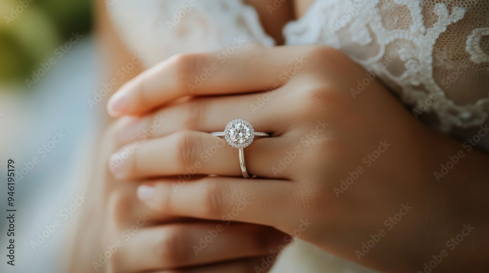 A close-up of an engagement ring on a finger, with soft-focus background, ideal for romantic proposals A close-up of an engagement ring on a finger, with soft-focus background, ideal for romantic proposals
