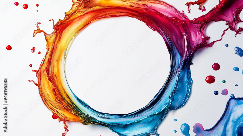 Obraz premium Abstrakcyjna kompozycja z ruchomymi, kolorowymi okręgami i płynącymi falami, które eksplodują na białym tle.