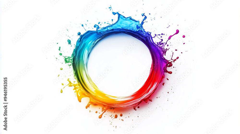 Obraz premium Abstrakcyjna kompozycja z ruchomymi, kolorowymi okręgami i płynącymi falami, które eksplodują na białym tle.