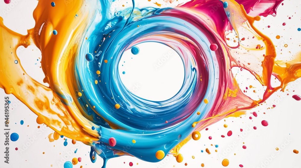 Obraz premium Abstrakcyjna kompozycja z ruchomymi, kolorowymi okręgami i płynącymi falami, które eksplodują na białym tle.