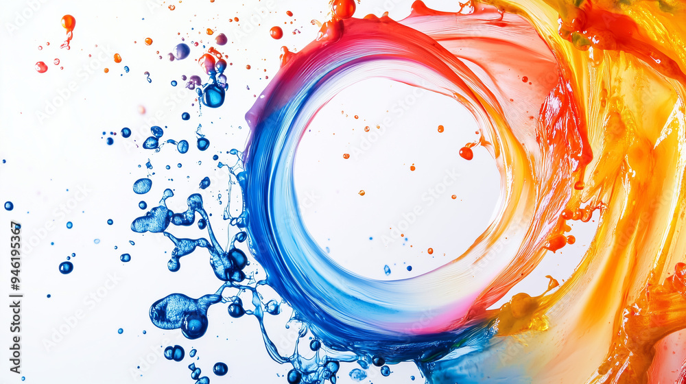 Naklejka premium Abstrakcyjna kompozycja z ruchomymi, kolorowymi okręgami i płynącymi falami, które eksplodują na białym tle.