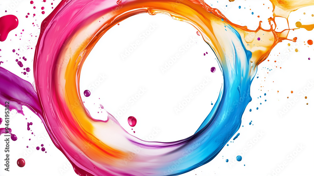 Obraz premium Abstrakcyjna kompozycja z ruchomymi, kolorowymi okręgami i płynącymi falami, które eksplodują na białym tle.