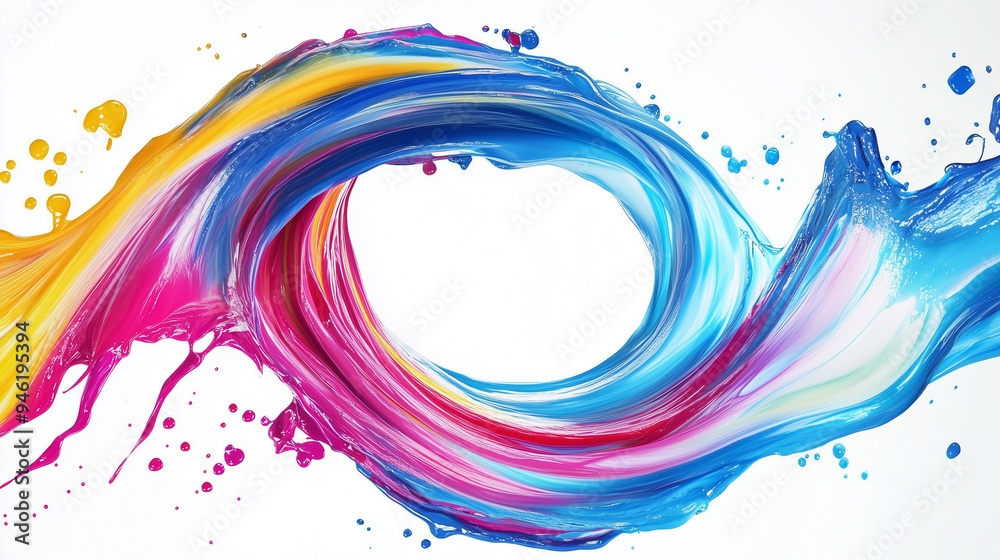 Obraz premium Abstrakcyjna kompozycja z ruchomymi, kolorowymi okręgami i płynącymi falami, które eksplodują na białym tle.