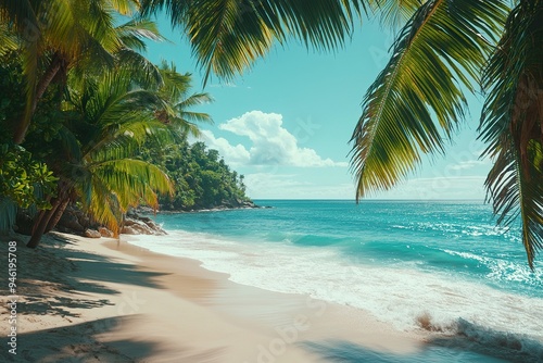 A secluded beach with turquoise waves gently lapping the shore, framed by palm trees swaying in the breeze