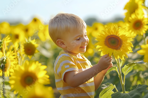 Happy little boy walking in field of sunflowers. Child playing with big flower and having fun. Kid exploring nature. Baby having fun. Summer activity for inquisitive children
 photo