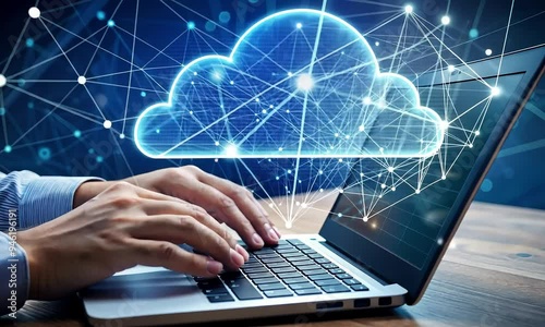 hands typing on laptop , Binary Code Data Transfer to Holographic Cloud Visualization