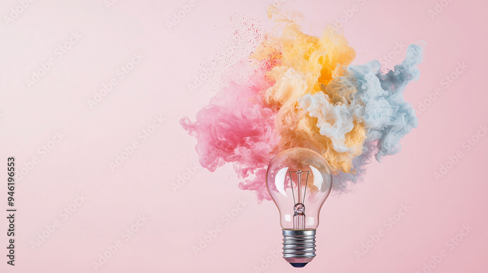 A light bulb surrounded by colorful smoke creates vibrant and imaginative atmosphere, symbolizing creativity and inspiration.