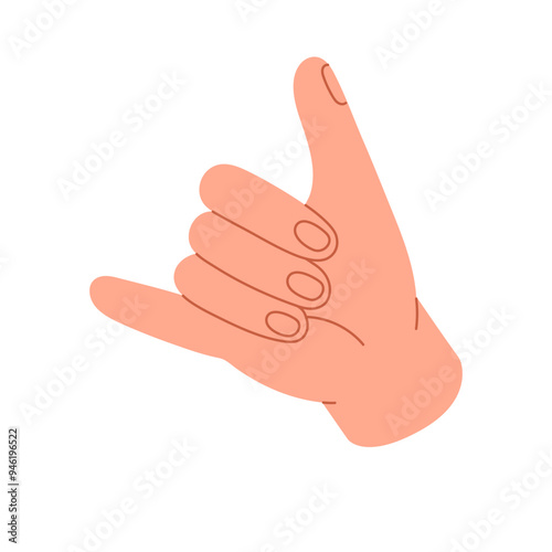 Shaka, call me hand gesture. Person shows sign of loose hang. Nonverbal communication, body language. Fist with protruding little finger, thumb. Flat isolated vector illustration on white background