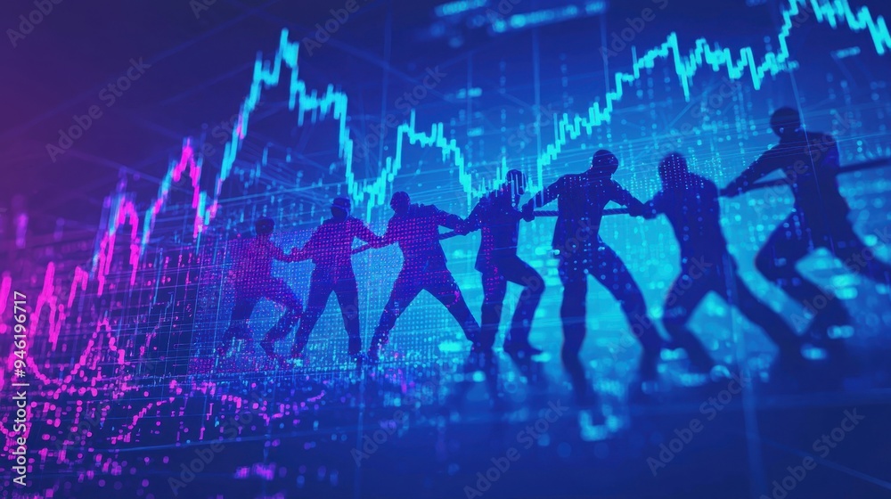 Tug-of-war: Show different market forces engaged in a tug-of-war, with the rope's movement indicating market direction and intensity of volatility Tug-of-war: Show different market forces engaged in a tug-of-war, with the rope's movement indicating market direction and intensity of volatility