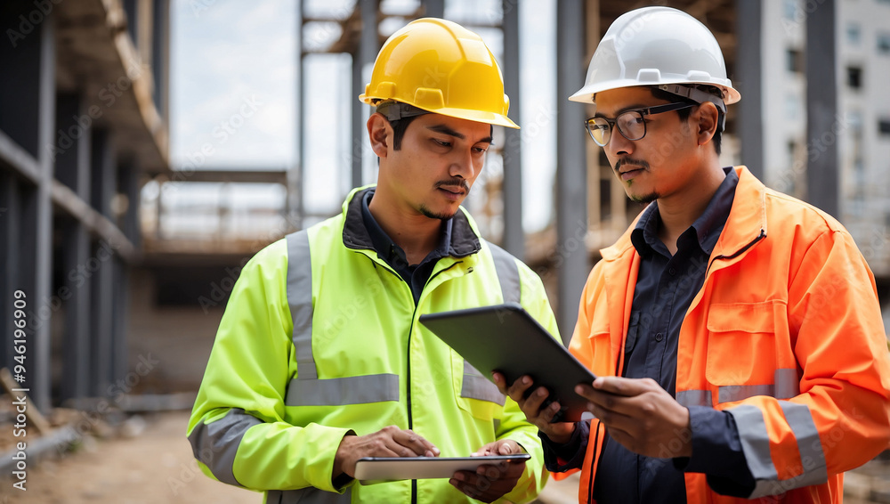 Structural engineer and foreman worker with touchpad discussing construction project Structural engineer and foreman worker with touchpad discussing construction project
