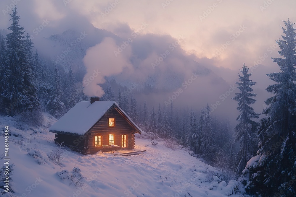 A secluded mountain cabin nestled in a snowy forest, with smoke curling from the chimney A secluded mountain cabin nestled in a snowy forest, with smoke curling from the chimney
