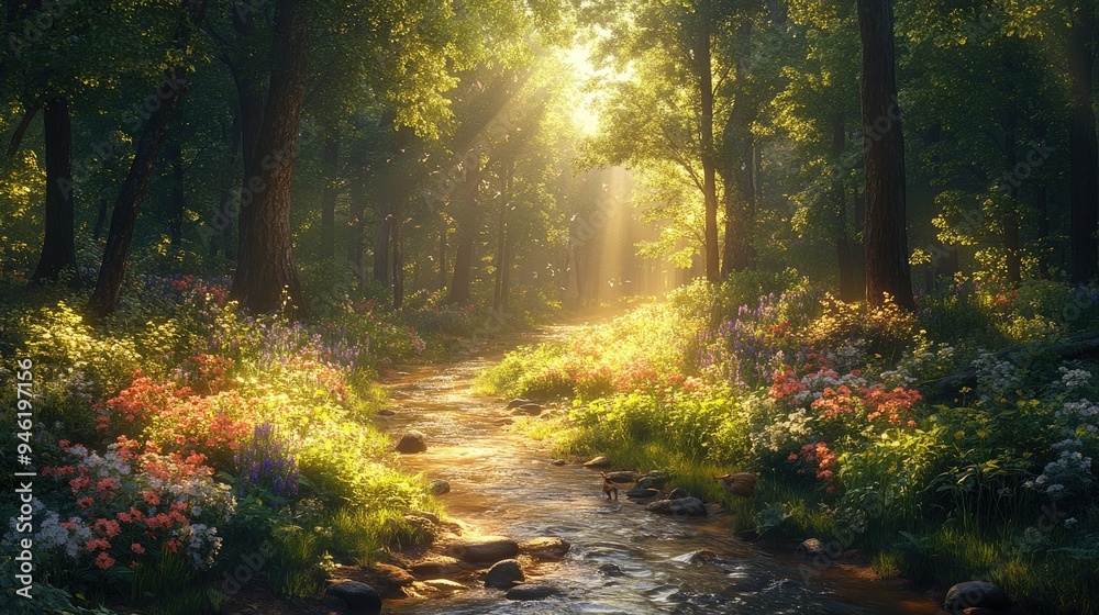 Obraz premium Tranquil woodland path beside a crystal-clear brook, rabbits hopping, birds singing, tall ancient trees providing shade, soft light filtering through -