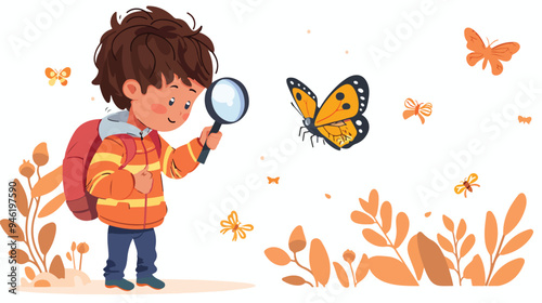 Young School Boy Examining Beautiful Butterfly with Magnifying Glass