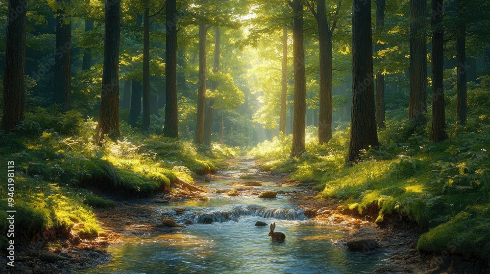Obraz premium Tranquil woodland path beside a crystal-clear brook, rabbits hopping, birds singing, tall ancient trees providing shade, soft light filtering through -