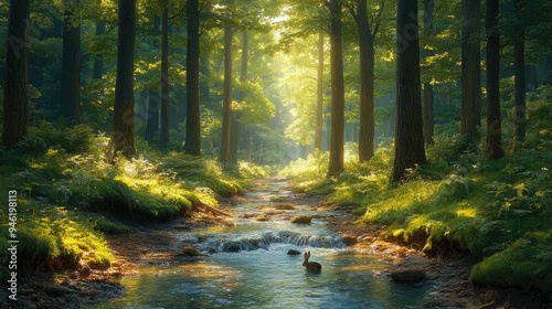 Tranquil woodland path beside a crystal-clear brook, rabbits hopping, birds singing, tall ancient trees providing shade, soft light filtering through -