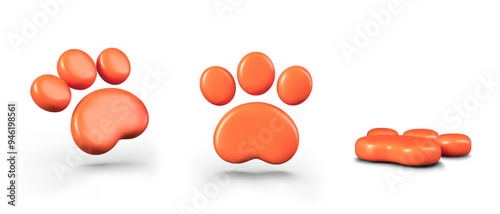 Bright paw print in 3D style. Vector symbol of goods, services for animals