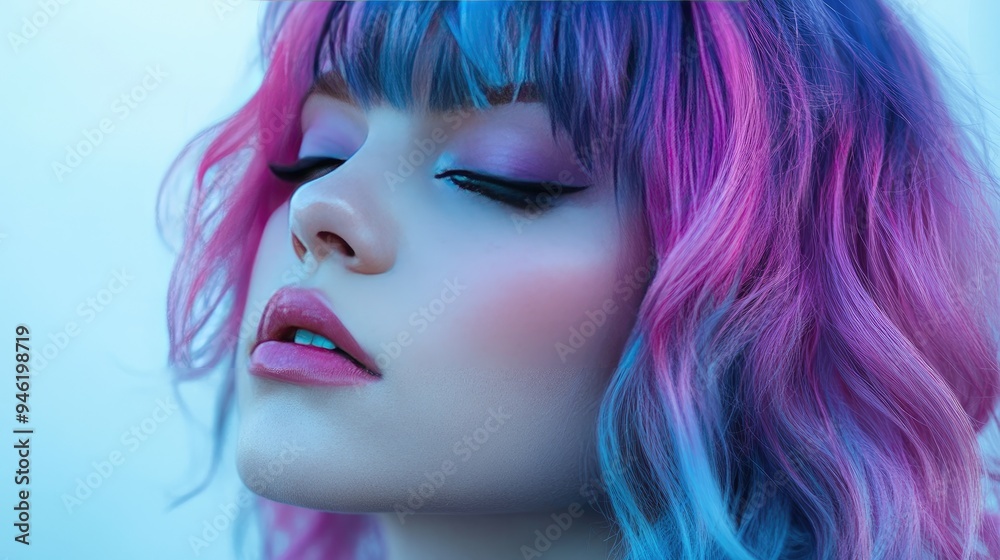 A close-up of a woman with vibrant, colored hair in shades of purple and blue, showcasing a bold and creative look