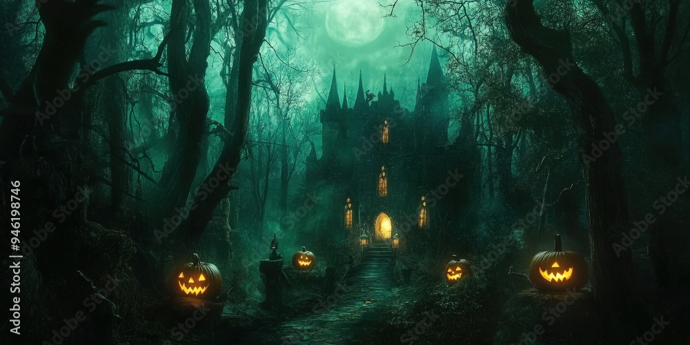 A castle in the middle of a dark forest with pumpkins and candles. A castle in the middle of a dark forest with pumpkins and candles.